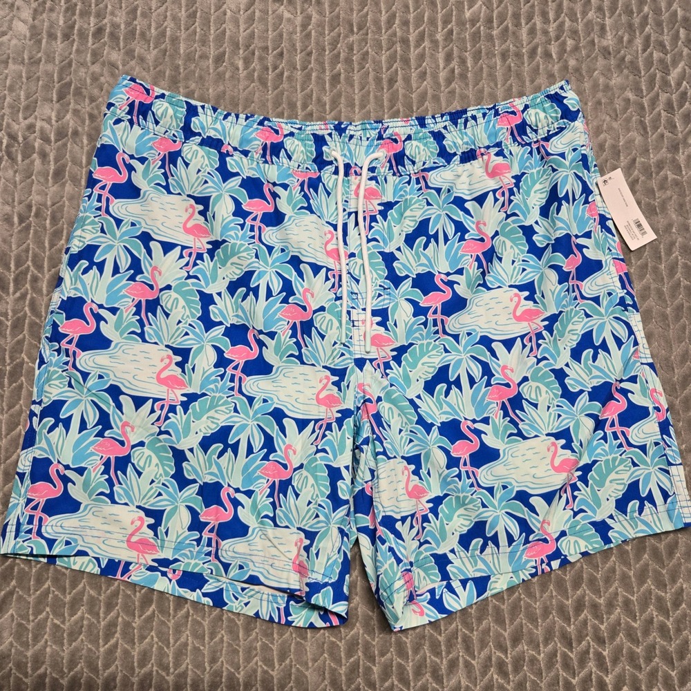Member's Mark Mens Resort Swim Trunks XL Blue Pink Flamingo Tropical Print NWT